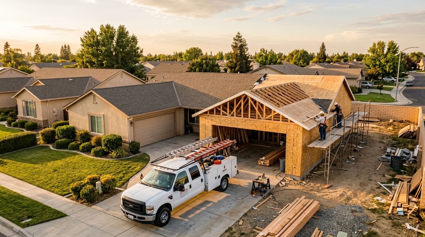 Room addition under construction on a tract-style home
