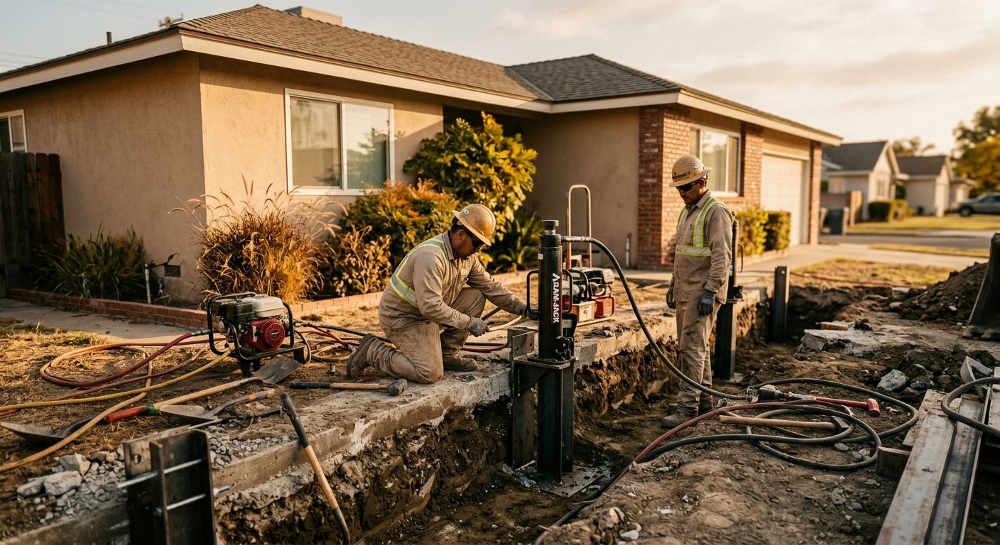 Crew performing slab foundation repair work